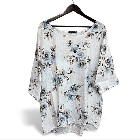 Lungo L’Arno Tops - Lungo L’Arno Floral Linen Roll Tab Sleeves Top - Size 1X